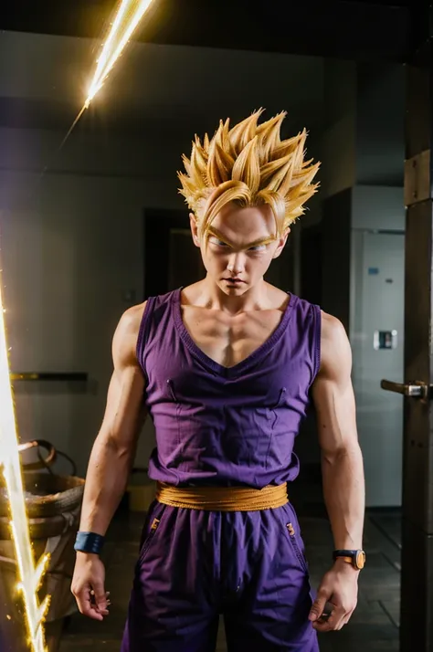 (ssj2), 1boy, yellow hair, green eyes,cowboy shot,yellow aura, electricity,naked purple dougi, purple pants, (blue wristband), r...