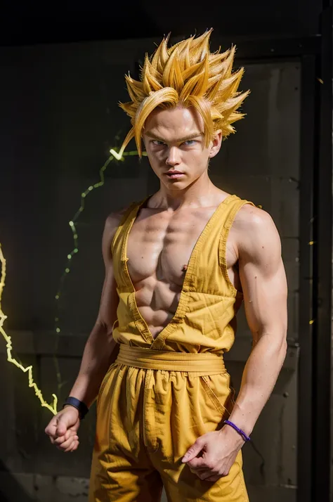 (ssj2), 1boy, yellow hair, green eyes,cowboy shot,yellow aura, electricity,naked purple dougi, purple pants, (blue wristband), red sash, sleeveless,v-neck,looking at viewer,(best quality, masterpiece)     