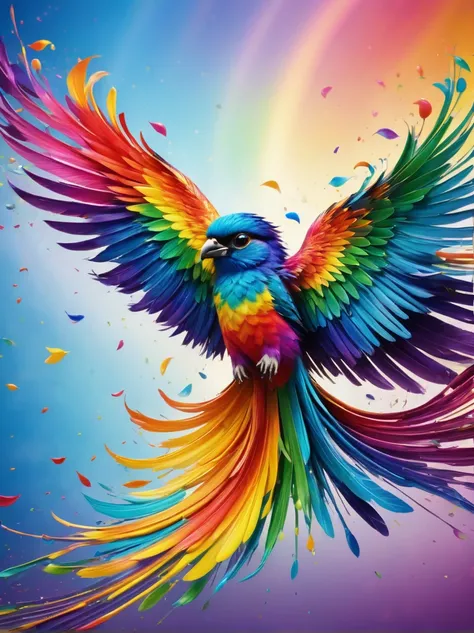 The bird flying through a rainbow, its feathers reflecting the vibrant colors and creating a dazzling effect