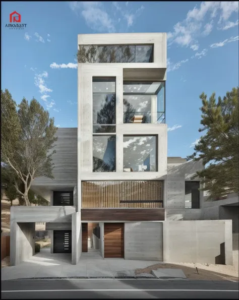 architectural concrete_finish, modern house, fair-face concrete, concrete, street view, in the mountains (masterpiece)