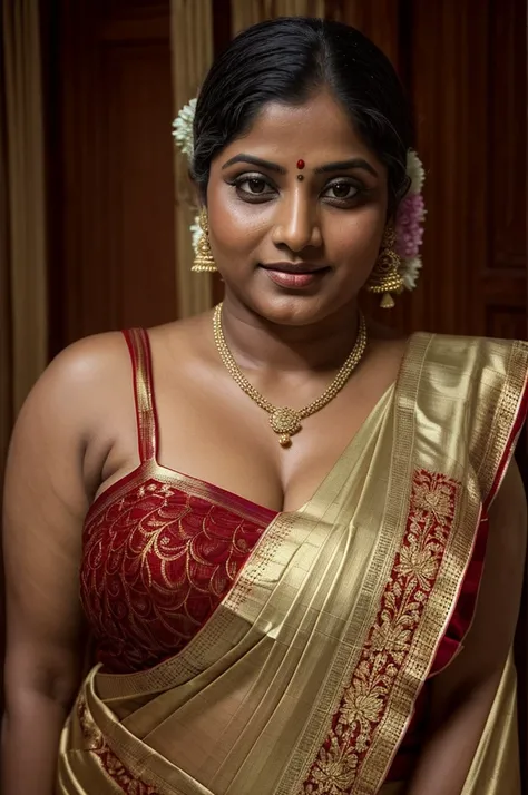 An Extremely gorgeous and beautiful Bengali village woman, 45 yo, pale white skin, sensual appealing body, perfect thick and chubby Beauty, wearing saree bare-chested, wearing a Bengali-style saree without a blouse,, ethnic vintage bengali village woman, b...