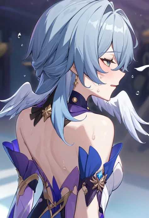 robin from honkai star rail, showing back, playful gaze, sweating