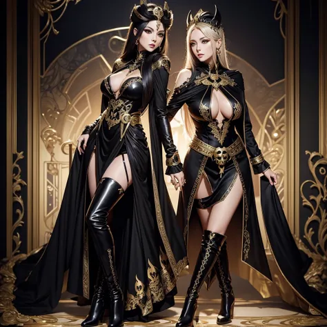 fantasy style, magician girl, beautiful, slender, sexy, big breasts, makeup, expensive luxurious black fantasy magician dress with gold pattern, skull brooch, long high boots, hentai,