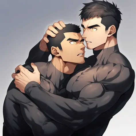 aanime characters：Two superheroes in tights, Muscle superhero, Black Short Hair, negro black skin, They hugged and kissed each other, Bite your neck, Caress, Manliness, male focus, Yellow and black high collar long sleeve tight T-shirt, Slightly transparen...