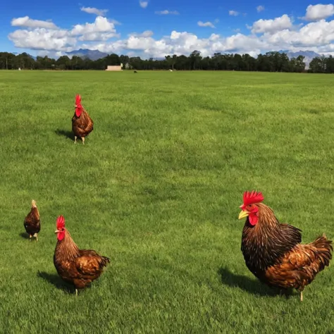 a giant chicken on a grassy field, extremely detailed, highly realistic, 8k, photorealistic, extremely detailed feathers, ultra ...