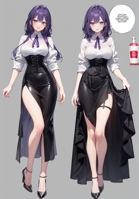 ((perfect face)),purple hair,long hair,1 female,bartender,white shirt,(((roll up your sleeves))),corset,tight skirt,high heels,(...