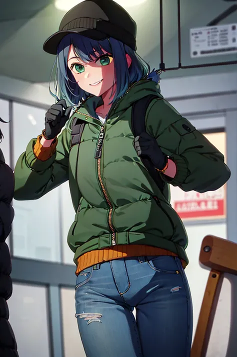 girl, jeans, green puffer jacket, smile, subway, black gloves