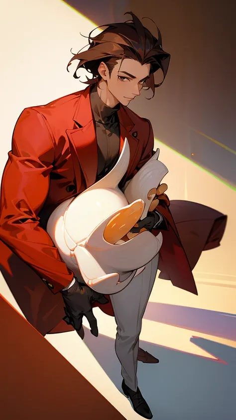 high detailed, masterpiece, 1 guy, holding a cup of coffee, looking friendly, korean style guy hair, wearing a suit that inside is a red turtle neck, handsome, brown hair, light skin, full body