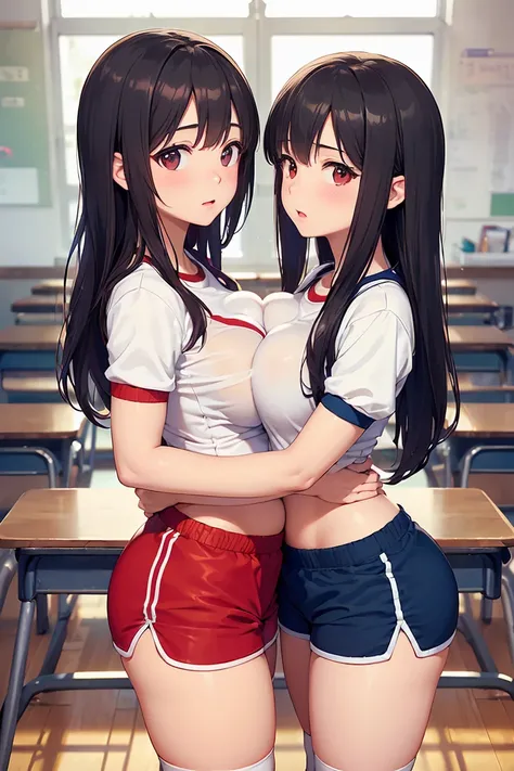 (Two beautiful young people, Perfect body, beautiful and plump breasts, classroom, high school girl, anger), Squashed chest, (Highest quality, 8K, High resolution, masterpiece:1.2), Very detailed, Realistic, photoRealistic, photo-Realistic:1.37, Portraitur...