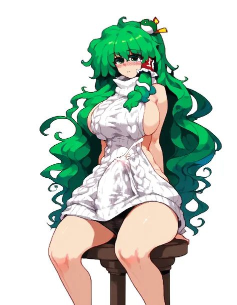 Expressive, score_9, score_8_up, score_9_up, Touhou, masterpiece, high quality, highly detailed, 1girl, kochiya sanae, solo, green hair, long hair, green eyes, long hair, big breasts, blush, round breasts,,,,,, frog hair ornament, hair tubes, snake hair or...