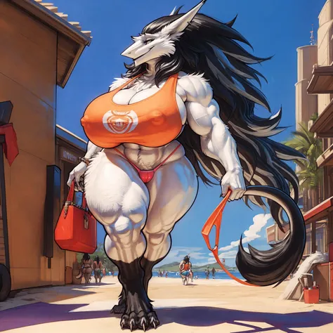 by darkgem, by duase, by BNG, by sligarthetiger, solo, 1girl, sergal, anthro, female, older woman, bodybuilder, muscular, thicc, heavy, (white fur:1.5), (black hair:1.3), (huge hair:1.2), silver streaks in hair, furry body, wide body, wide hips, muscular t...