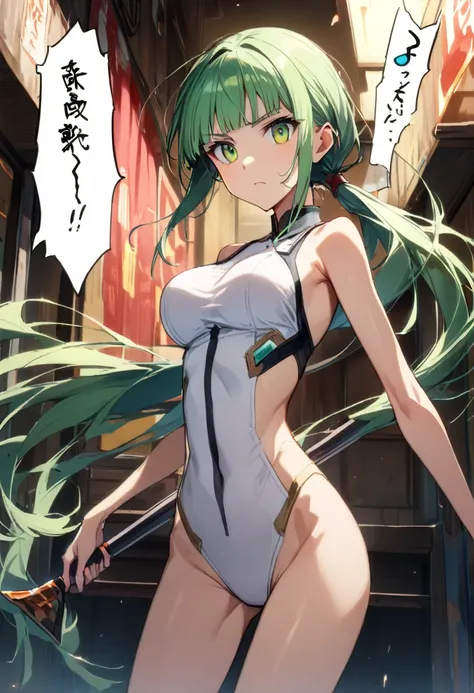 Action Sceneasterpiece,Highest quality:1.3)),cowboy shot,1woman,30 year old beauty、Investigator、独奏,(very small head:1.3),green hair,(low ponytail),long hair,blunt bangs,green eyes,gorgeous eyes,Serious expression、medium breasts,(very long body:1.2),(toned ...