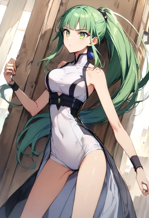 Action Sceneasterpiece,Highest quality:1.3)),cowboy shot,1woman,30 year old beauty、Investigator、独奏,(very small head:1.3),green hair,(low ponytail),long hair,blunt bangs,green eyes,gorgeous eyes,Serious expression、medium breasts,(very long body:1.2),(toned ...