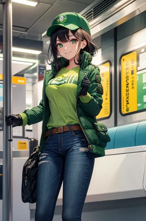 girl, jeans, green puffer jacket, smile, subway, black gloves