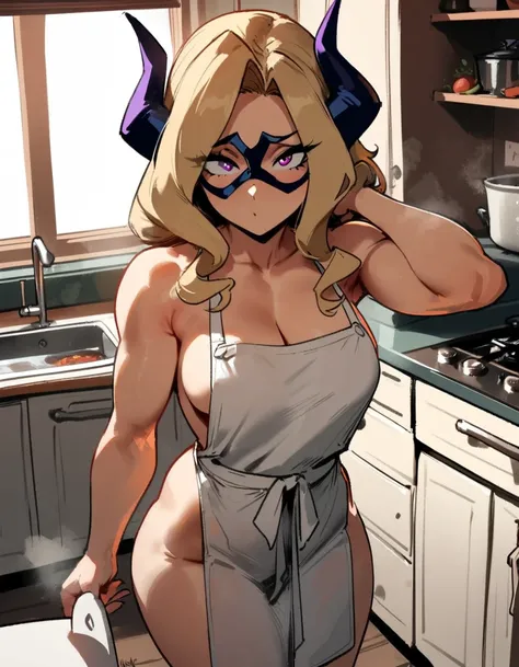 1girl, mount lady, boku no hero academia  masterpiece, best quality, very aesthetic, absurdres, newest  sportive body,    by dodok, nyantcha, cutesexyrobutts, by khyle ///// blonde, purple eyes,   , 24 years old,kitchen, wearing only apron,naked
