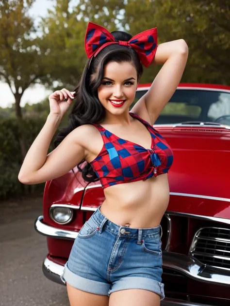 a pin-up young smiling woman with dark hair in pinup style, wearing a red checkered crop top and blue jeans shorts and holding a...