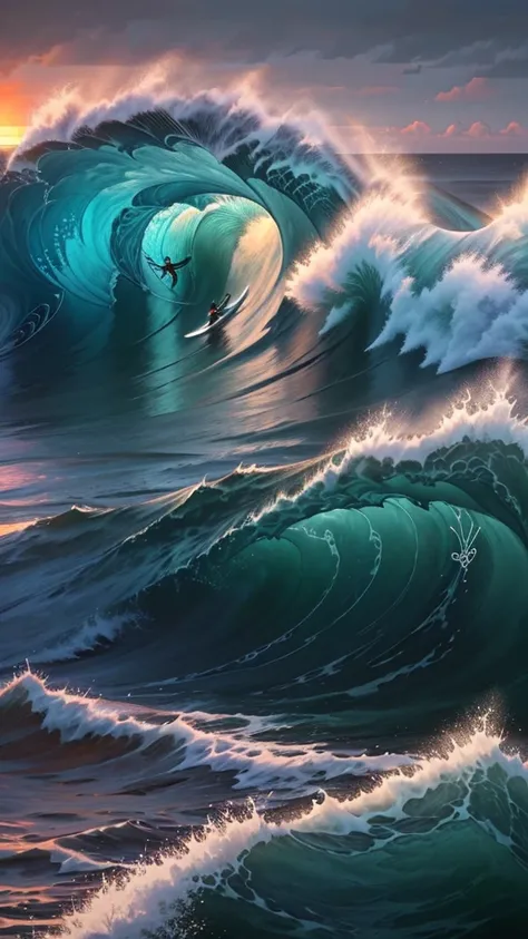 A captivating illustration featuring a giant ocean wave reminiscent of Hokusai’s “The Great Wave off Kanagawa,” rendered in a modern, stylized manner. The wave is the central focus, depicted with vibrant shades of blue and white, crashing towards the viewe...