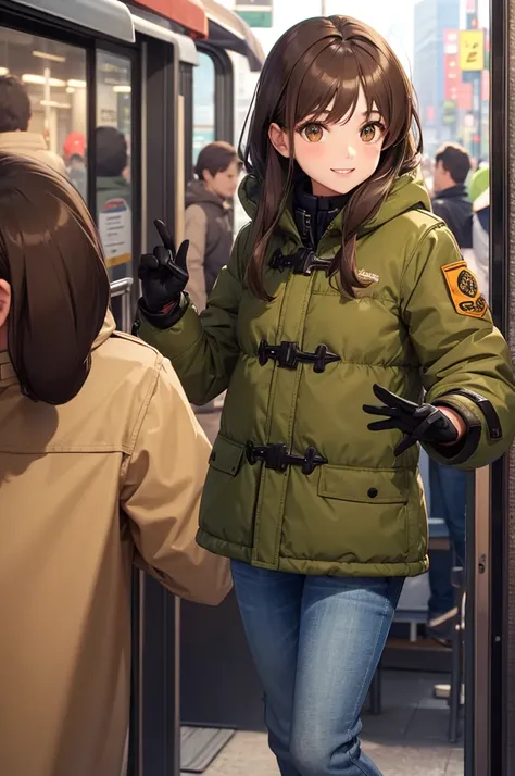 girl, brown hair, brown eyes, jeans, olive green puffer coat, smile, subway, black gloves