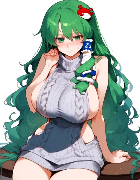 Expressive, score_9, score_8_up, score_9_up, Touhou, masterpiece, high quality, highly detailed, 1girl, kochiya sanae, solo, green hair, long hair, green eyes, long hair, big breasts, blush, round breasts,,,,,, frog hair ornament, hair tubes, snake hair or...