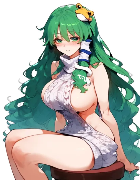 Expressive, score_9, score_8_up, score_9_up, Touhou, masterpiece, high quality, highly detailed, 1girl, kochiya sanae, solo, green hair, long hair, green eyes, long hair, big breasts, blush, round breasts,,,,,, frog hair ornament, hair tubes, snake hair or...