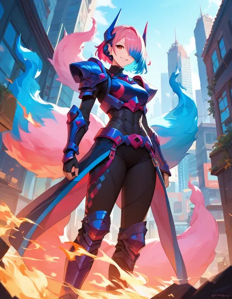 best quality, 4K, masterpiece, Extremely detailed, High Detail, 1 Girl, Solitary, Perry, Blue Hair, Hair covering one eye, Colorful hair, Double tail, Pink Hair, Red Eyes, Two-tone hair, armor, Smile, Burning city background