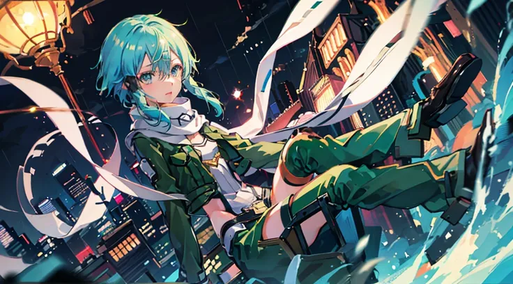 1 girl in、under the rain、face perfect、in 、silber hair、The night sky is beautiful、sinon1, scarf, fingerless gloves, long sleeves, short shorts, hair ornament, hairclip, green thighhighs, green jacket, thigh strap