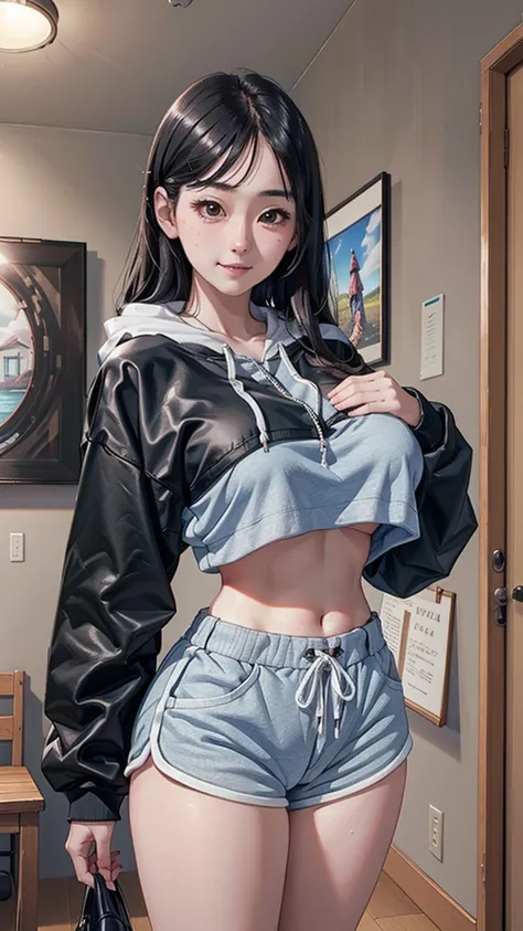 (Japanese girl),alone, masterpiece,huge breast, looking at viewer, detail eyes, (detail face:1.2), standing,  (front view), (Cropped Hoodie), looking at viewer, smile, perfect breast, indoors, dolphine shorts