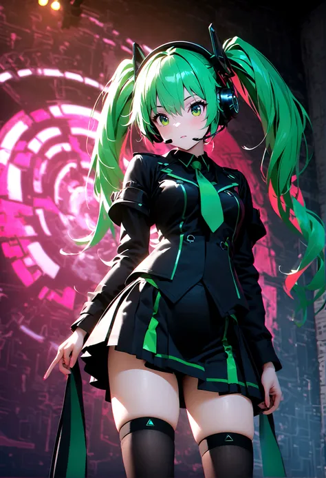 hatune_miku(vocaloid,green hair,long twin tails,sleevless sliver shirts,black bell sleeves,green neck tie,black short skirt,black garter thigh high socks,black headset,red tattoo written "01" at left shoulder) is singing song at very electric digital geogr...