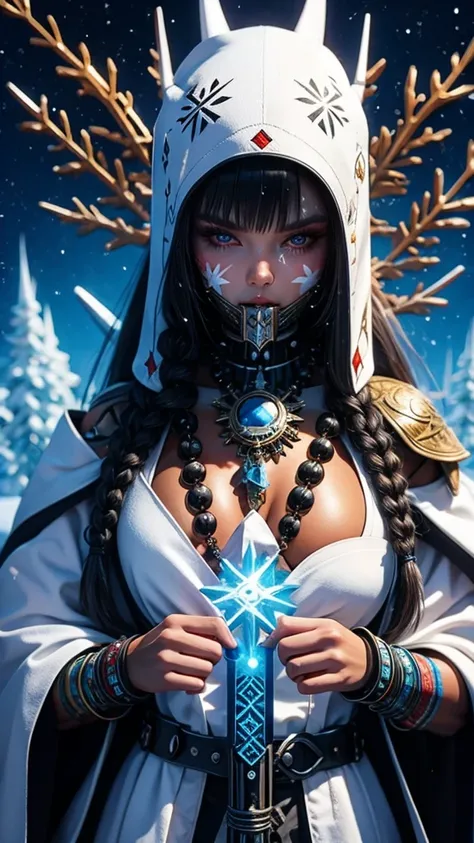 noface of a majestic cyborg shaman in snow, wearing white armor, (in one hand a shaman staff:1.2), wooden necklace, Blanket covers head and shoulders, snowflakes, evil