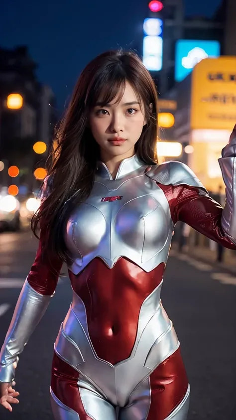 Ultraman、realistic、realistic、cinematic lighting, Girl in a shiny red and silver suit、15 years old、professional photos、Don&#39;Do not expose your skin, japanese model, japanese cgi、Ultraman Suit、, Power Rangers Suit、tight and thin cyber suit,Whole body rubb...