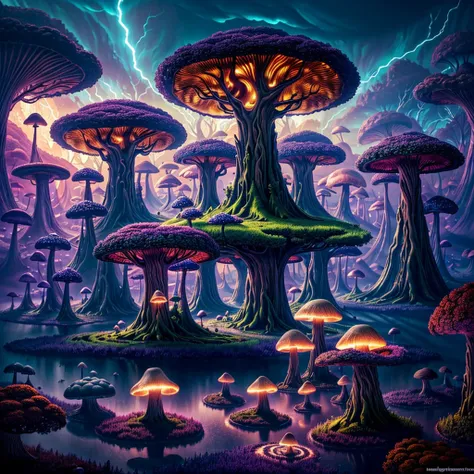 a surreal fantasy landscape,organic shapes,strange creatures,glowing mushrooms,twisted trees,floating islands,vibrant colors,dramatic lighting,dreamlike atmosphere,highly detailed,4k,8k,photorealistic,concept art style,surreal,whimsical,magical