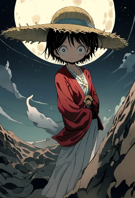 Peux tu me générer une image de Monkey D. Luffy dans one peace, avec son chapeau de paille, de dos qui regarde la lune. Ciel sombre et lune très brillante. 