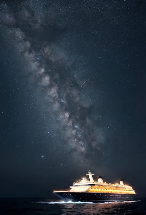 bottleship　the ship is a luxury cruise liner　starry sky in a bottle　海の砂の上にbottleshipがある