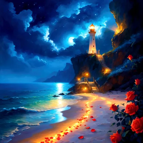 night，seaside，Long shot，In the distance is the quiet and bright starry sky and the lighthouse on the island，Lower-left corner of the screen（Southwest）There are glowing sea water and beaches，(seaside有一条发光的明亮的弯曲的小路延伸到Southeast，There are large patches of red ...