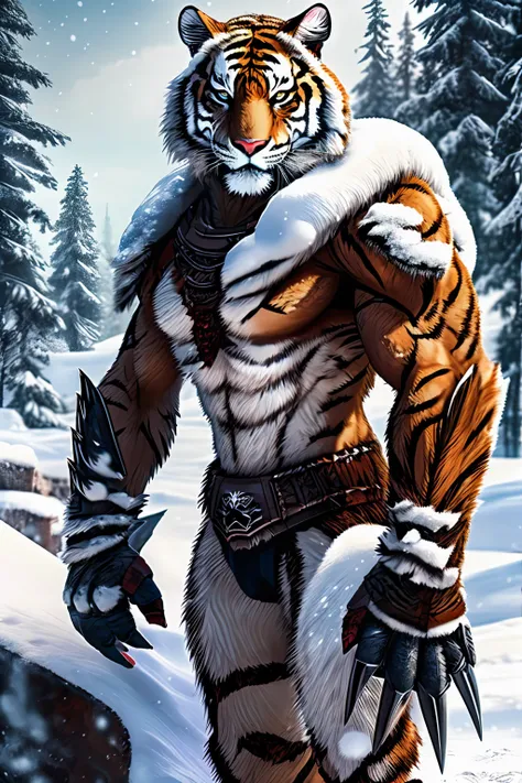 mutant tiger standing on two legs, snow background, brutal!, put on warrior armor, big claws, thirsty for blood, big one, thick ...