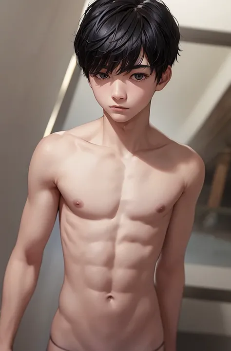 15-year-old boy, Upper body naked, White briefs ,Smooth Skin,Boneyard,  Black Hair,  Eye-level shot, Thin、Beautiful Boy