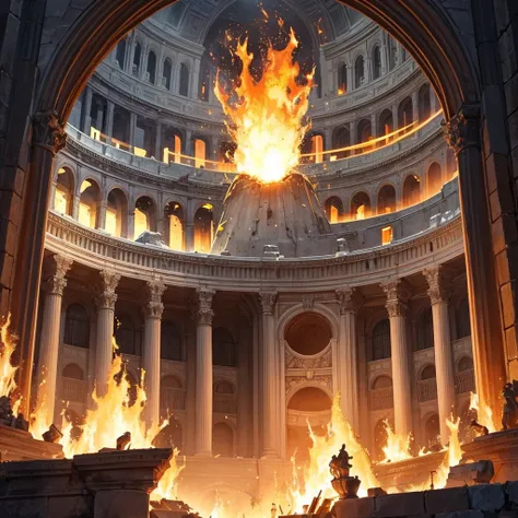 generate a image of coliseum setting with fire and flames around the edgdes #hyperrealistic #bright colors #wideshot