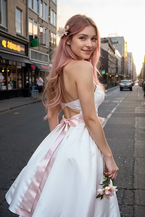 8k, Fine facial features, ultra-defined, pink white long hair, smiling, holding a flower, city street, chic evening dress with open hip, light makeup, smoky makeup, , photo with back to viewer, sunset, shot on vinyl film
 