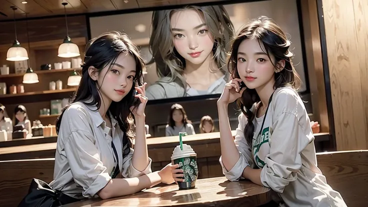 8K、RAW Photos、Highest quality、Super detailed、Super Resolution、Ultra HD、8K壁紙、Amazing details
(((Inside the Starbucks store)))、Woman sitting at a table by the window、16-year-old girl、((((Girls&#39; High School Uniforms))))、(((Eat cake、Drink coffee、smile)))、E...