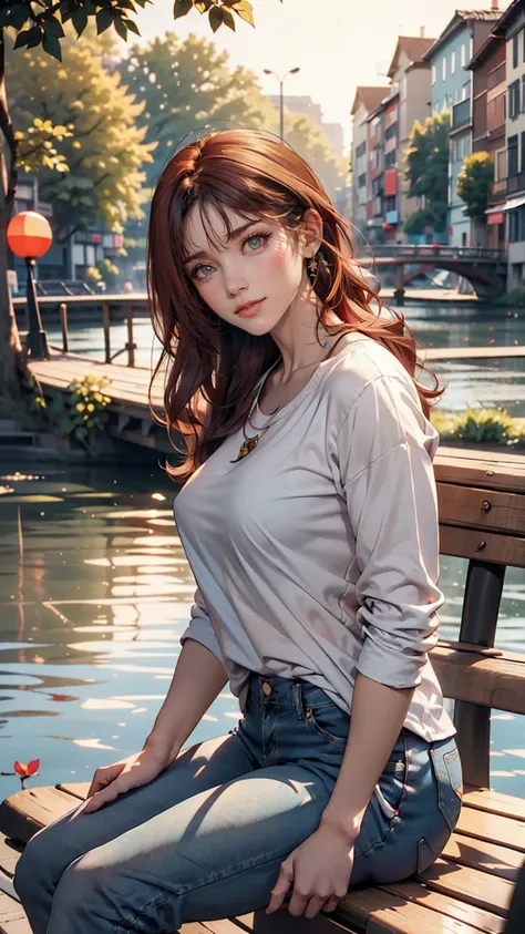 Digital Art, (girl, red_hair, Flowers, Baggy jeans, White shirt, A modest smile, Cute appearance), (Sit on a bench, River in the background, Golden Hour),, Written by ダニイル・スポニツキーjpegman、Sexy proportions、erotic、adult、Narrow waist