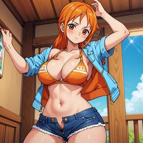 (masterpiece, best quality:1.2), 1girl, solo,standing_split, nami , orange hair , shoulder tattoo , bikini top and denim mini shorts, Unzip the jacket, Blush, big breasts , wide hips , milf , bedroom