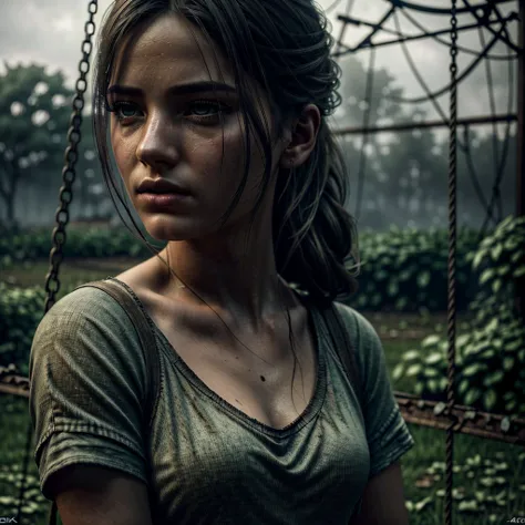 a  girl sitting on a swing in an abandoned garden, overcast sky, muted colors, melancholic expression, detailed face, beautiful detailed eyes, beautiful detailed lips, extremely detailed face, long eyelashes, tattered dress, overgrown vines, cracked concre...