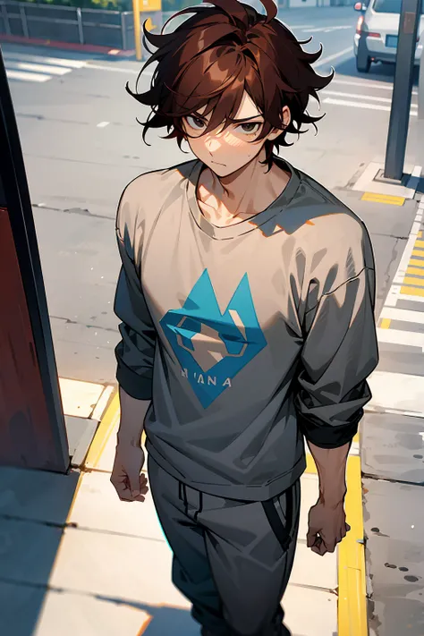 1male ,Reddish Brown Hair , Black Eyes , Messy Hair , Muscular , Longsleeve Blue T-Shirt , Grey Sweatpants , Standing on sidewalk , Calm Expression , Young Male , Perfect Generation 