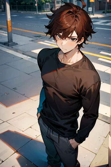 1male ,Reddish Brown Hair , Black Eyes , Messy Hair , Muscular , Longsleeve Blue T-Shirt , Grey Sweatpants , Standing on sidewalk , Calm Expression , Young Male , Perfect Generation 