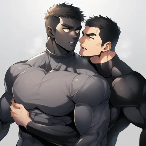 aanime characters：Two superheroes in tights, Muscle superhero, Black Short Hair, negro black skin, They hugged and kissed each other, Bite your neck, Caress, Manliness, male focus, Yellow and black high collar long sleeve tight T-shirt, Slightly transparen...