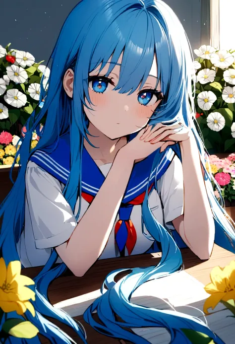 A girl wearing school unifor, her eyes are ocean blue with a stars pupils, her hair look like a waves (blue hair/very long hair), her arm are on the desk at the flower park, she was resting her head on her palm.