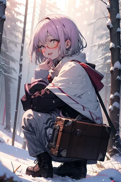 akaneshinjou, shinjou akane, Light purple hair, (Pink Eyes:1.2), short hair,Akagi Glasses,hair band,smile,blush,White Breath,Big Breasts,
Open your mouth,snow,Ground bonfire, Outdoor, boots, snowing, From the side, wood, suitcase, Cape, Blurred, having mea...