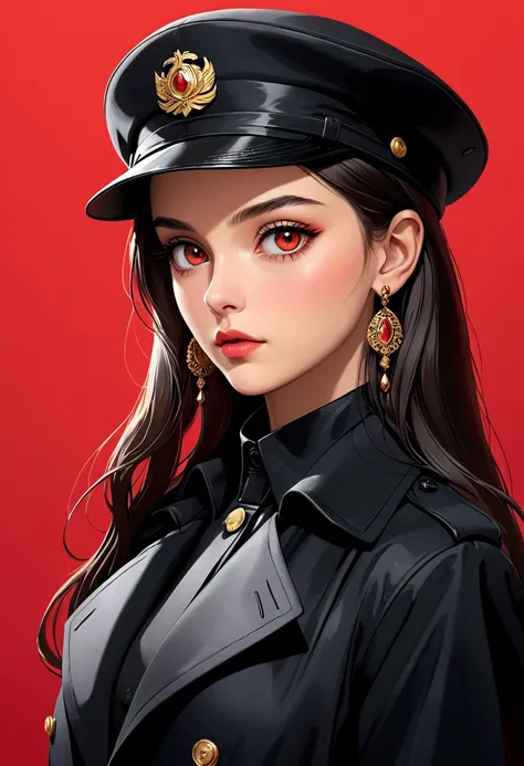 (masterpiece，high quality，8K).beautiful girl，Skin details，Bright Eyes，Straight long hair，Peaked Cap，Exaggerated earrings，Unique，Staring at the audience），（Black trench coat suit：1.37）。Light and Shadow，Clean and simple red background