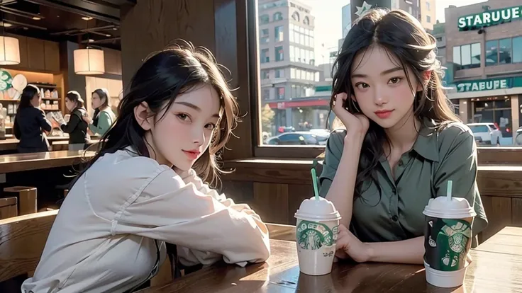 8K、RAW Photos、Highest quality、Super detailed、Super Resolution、Ultra HD、8K壁紙、Amazing details
(((Inside the Starbucks store)))、Woman sitting at a table by the window、16-year-old girl、((((Girls&#39; High School Uniforms))))、(((Eat cake、Drink coffee、smile)))、E...