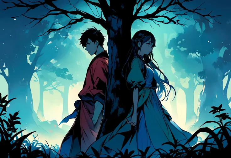 Game Cover，A boy and a girl standing back to back under a tree